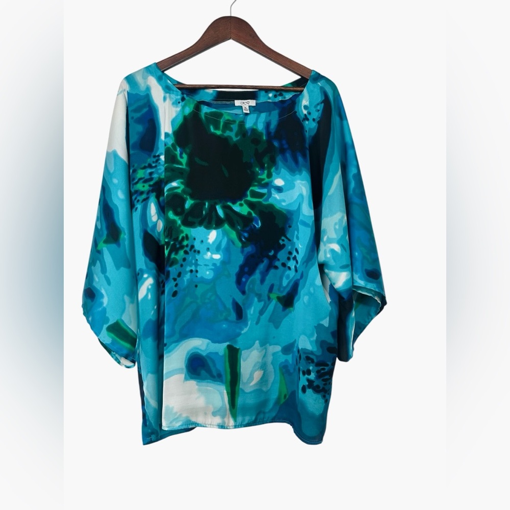 Cache Teal Blue Black Floral Tunic Blouse Art to Wear XL Kimono Sleeve Boho